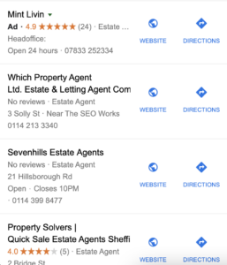 Screenshot of google my business estate agent listings