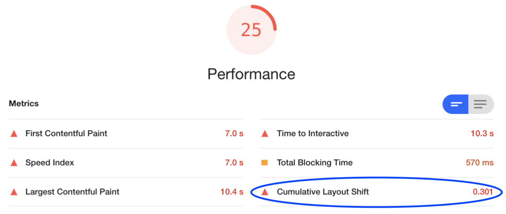 performance screenshot CLS lighthouse
