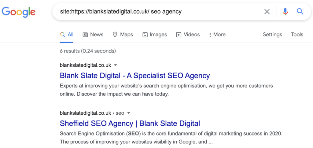 screenshot of google results for a site: search