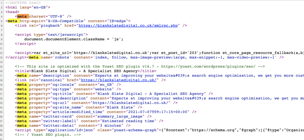 screenshot of meta tags in html