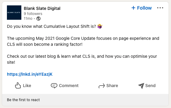 Screenshot of LinkedIn post without open graph used