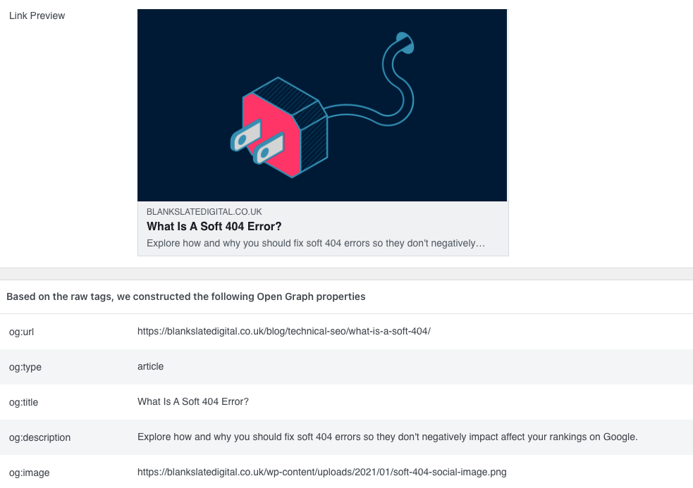 Screenshot of Facebook Debugger in action on a URL successfully using Open Graph tags