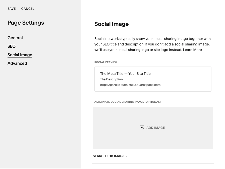 Screenshot of the Open Graph settings page in Squarespace