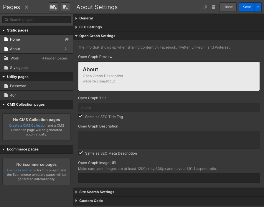 Screenshot of the Open Graph settings page in Webflow for individual pages