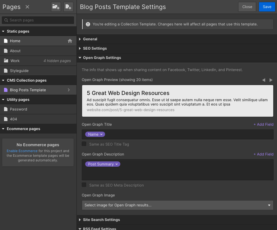 Screenshot of the Open Graph settings page in Webflow for template collection pages