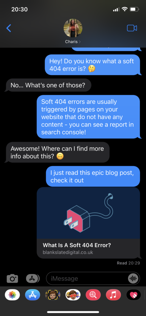 A screenshot of an iMessage conversation with a shared URL that uses Open Graph