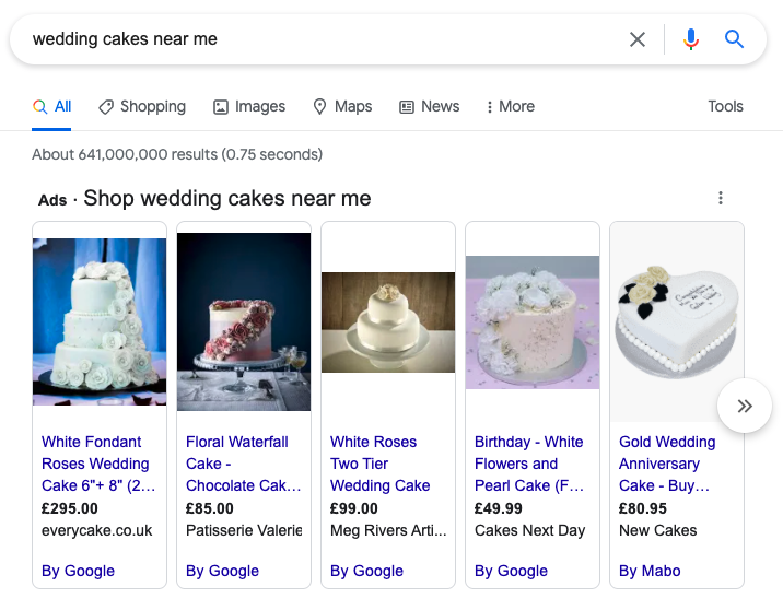 screenshot of wedding cakes near me search results of paid ads