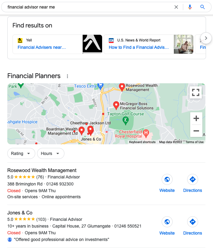 Google search results screenshot for local results of financial advisor near me