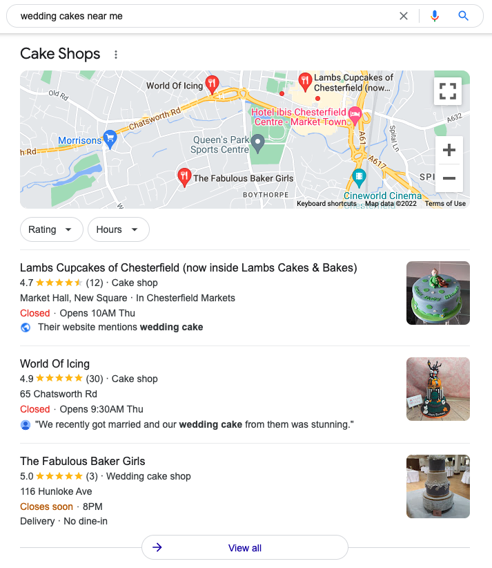 organic search results for wedding cakes near me on Google