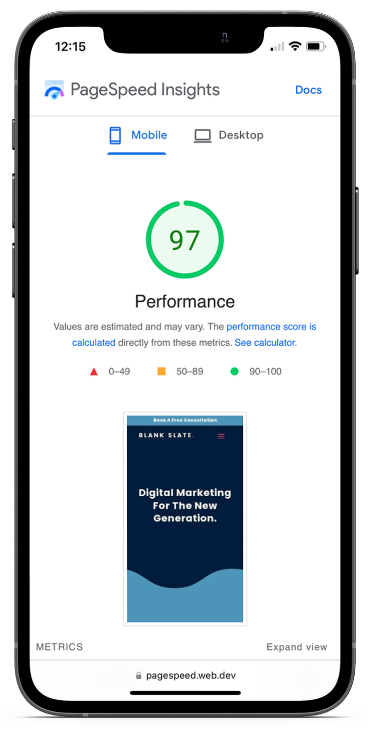 screenshot of 97 score on pagespeed insights