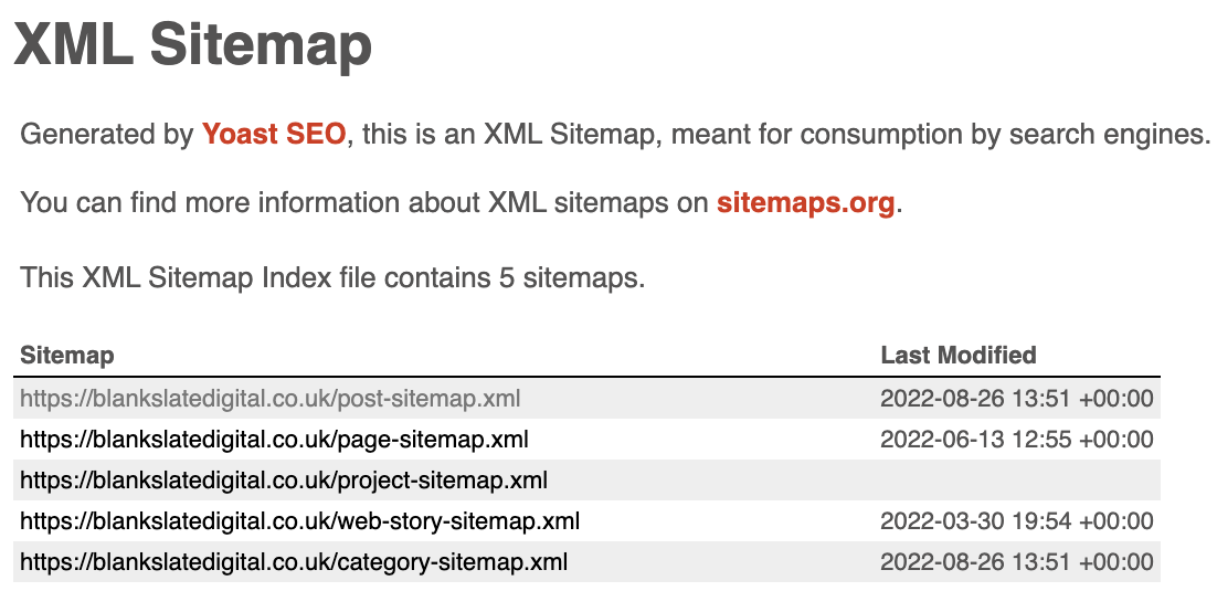 screenshot of a styled xml sitemap