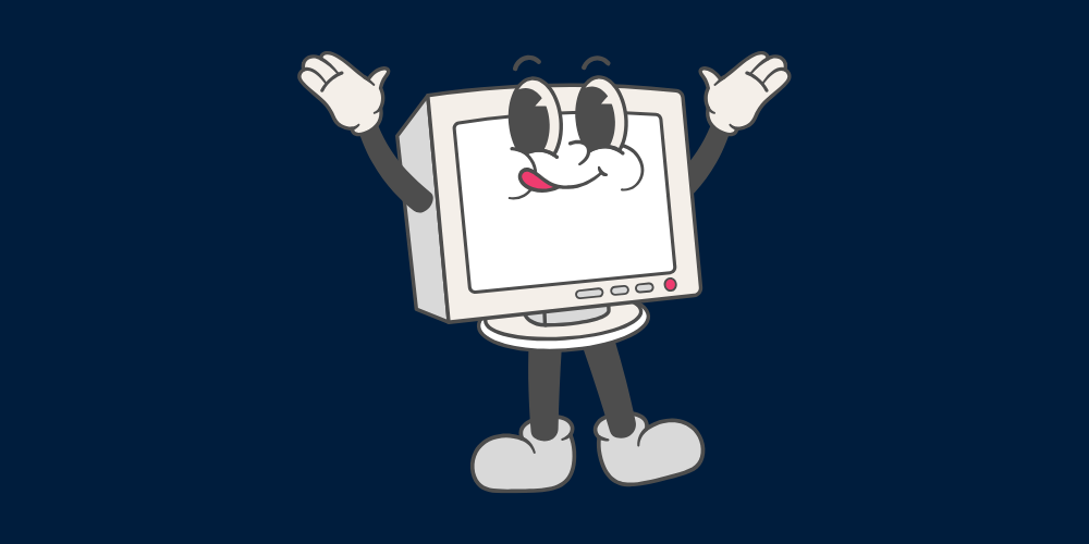 A cartoon happy retro computer character