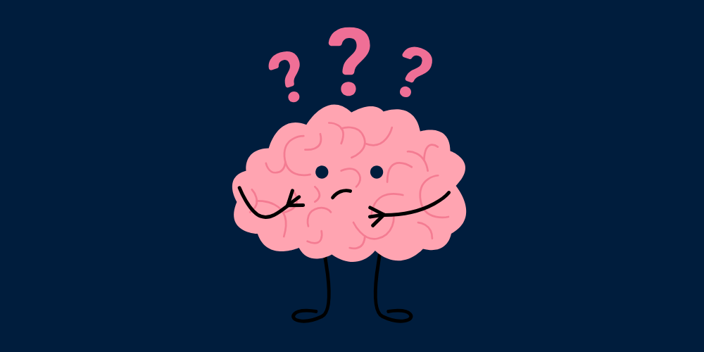 Cartoon of a brain with question marks